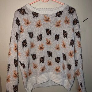 SHEIN Leaf Patterned Sweater - White and Brown